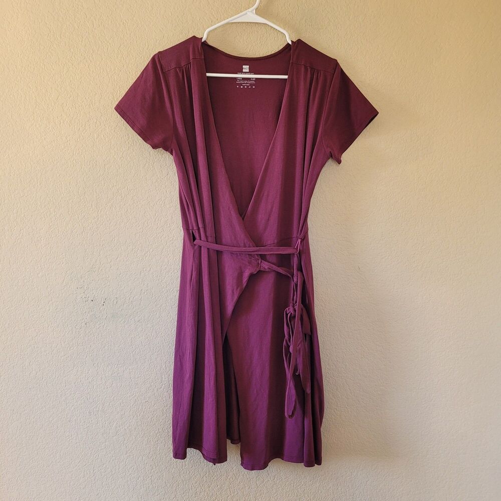 Pact Organic Womens Size Large True Wrap Dress Cotton Burgundy Short Sleeve Slub